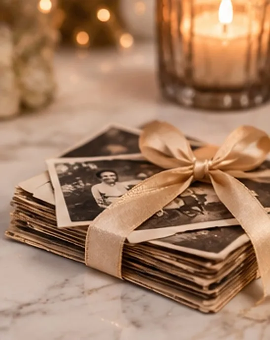 Een stapel oude familiefoto’s met een gouden lint
