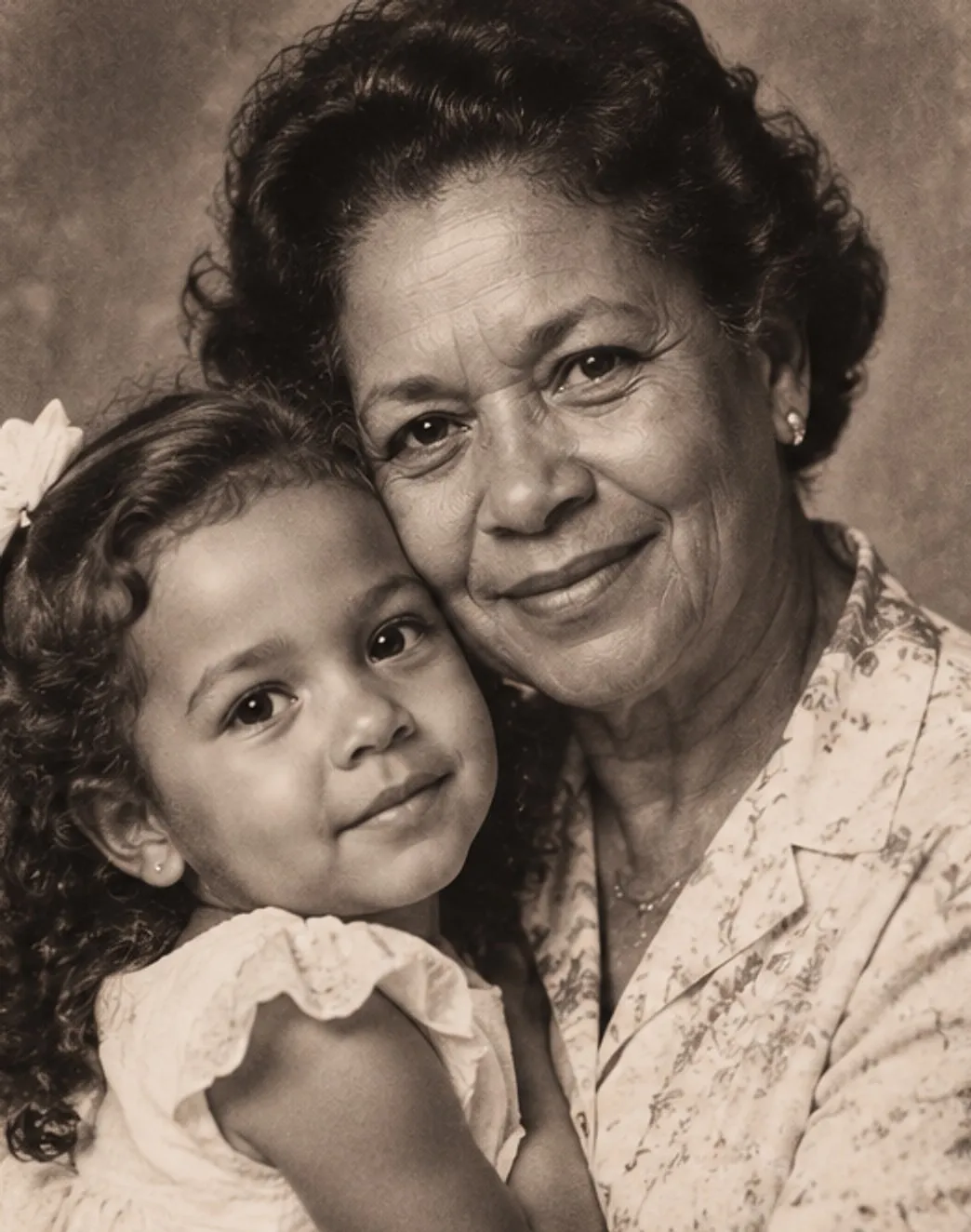Sfeerbeeld in sepia: een oma met haar kleinkind, wang aan wang